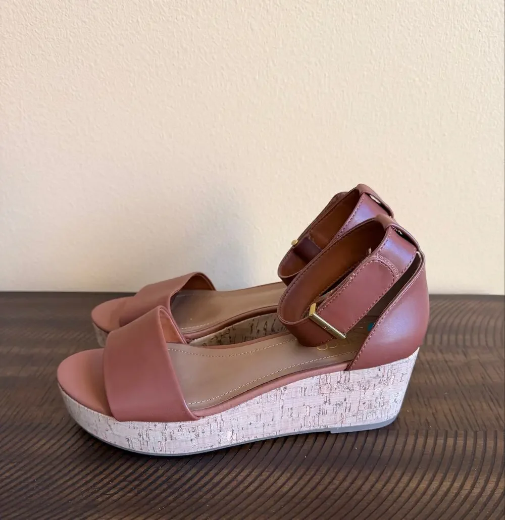 Franco Sarto Clemens wedge sandals 8 NWOT cork-wrapped platform leather strap